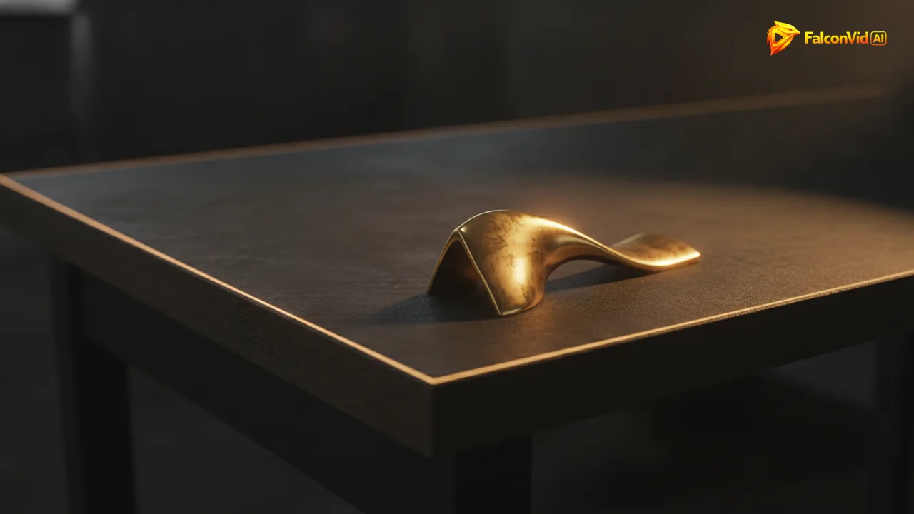 An abstract brass nameplate catching a single golden beam on a dark desk, its surface deliberately blank.