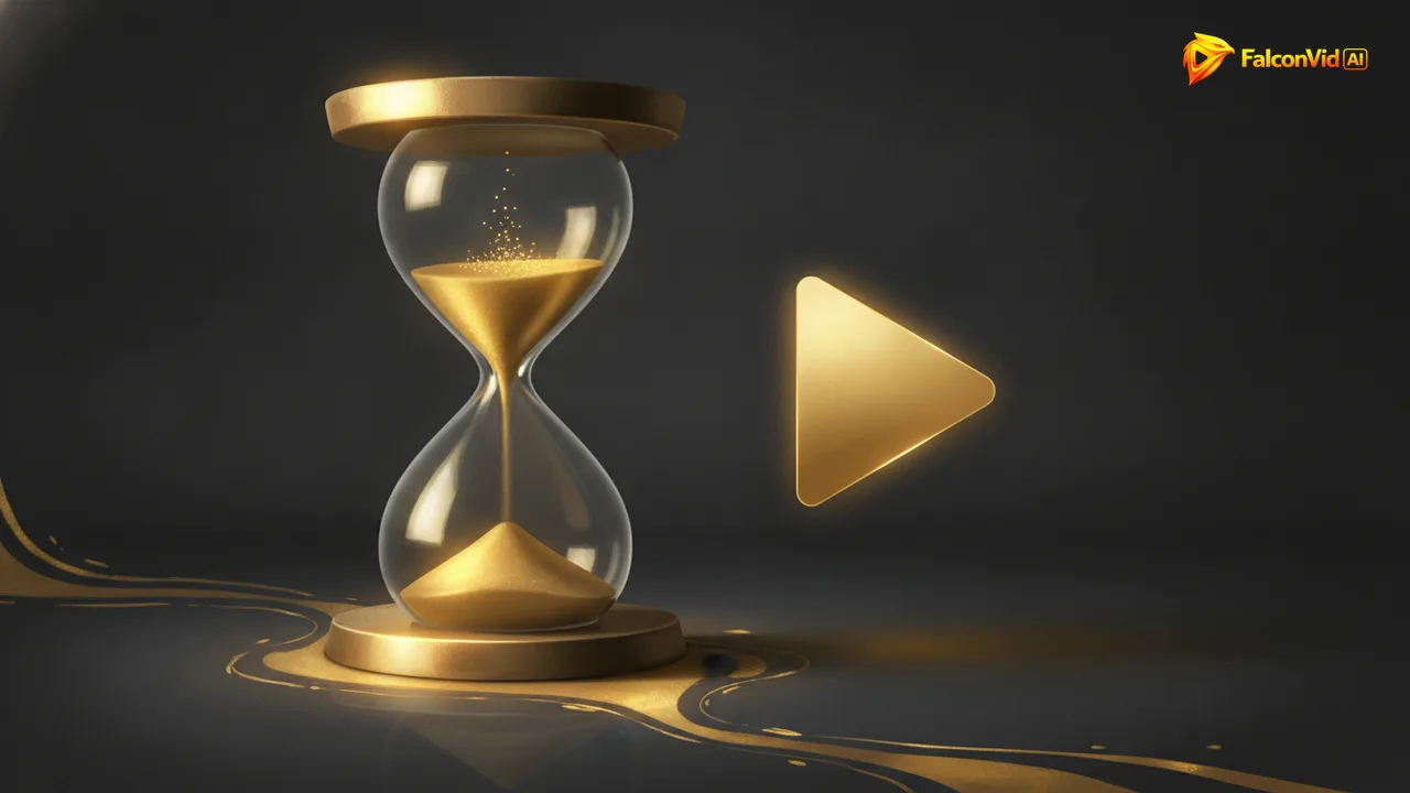 Hourglass with few grains left beside a play button, representing the first seconds of a video