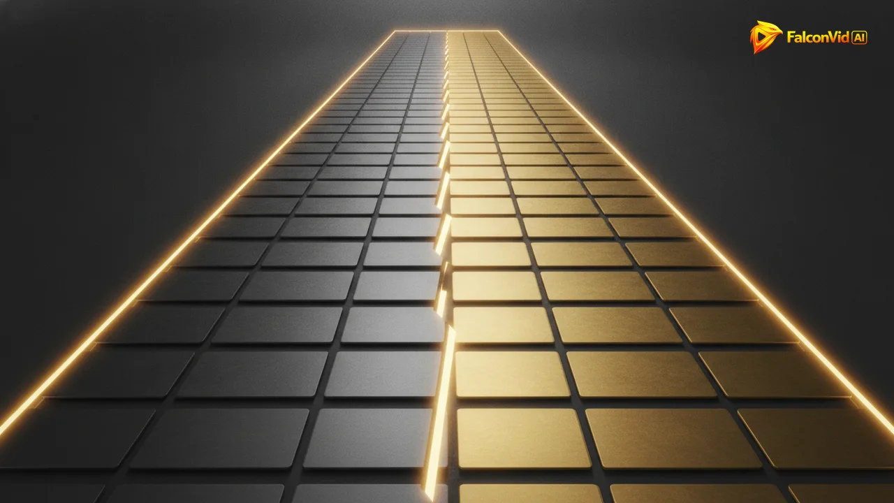 A row of blank thumbnails, cold and grey on the left, warm and golden on the right, split by a sharp fracture line.