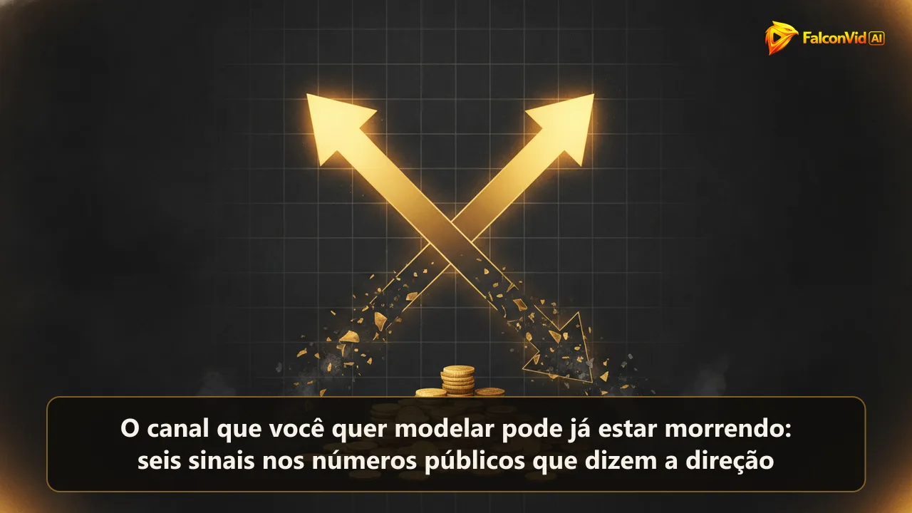 Duas setas douradas se cruzando numa grade escura, uma subindo brilhante e outra descendo até virar cinza, com uma pilha apagada de moedas antigas embaixo.