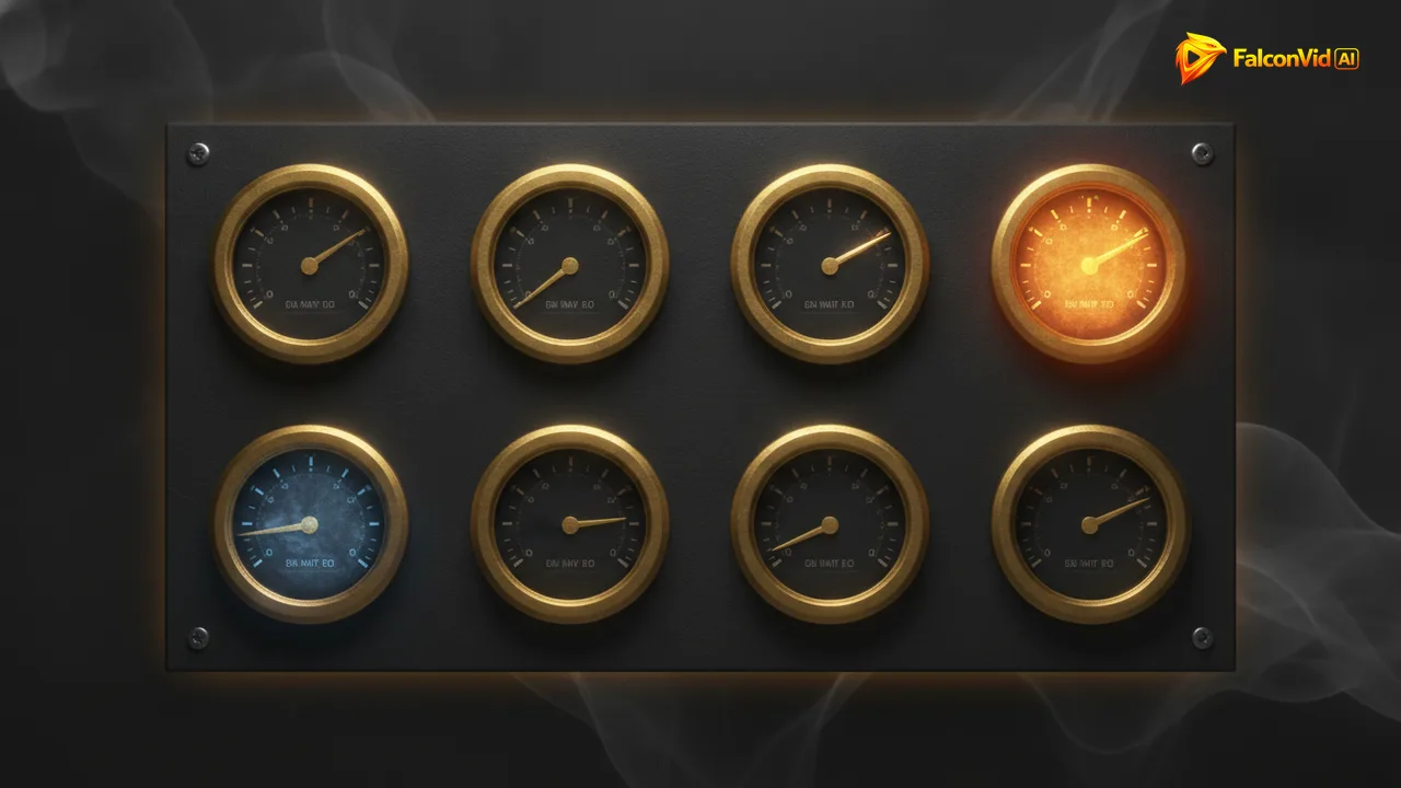 Six small golden gauges on a dark panel, four with needles fallen to the left and dim, two still glowing bright.
