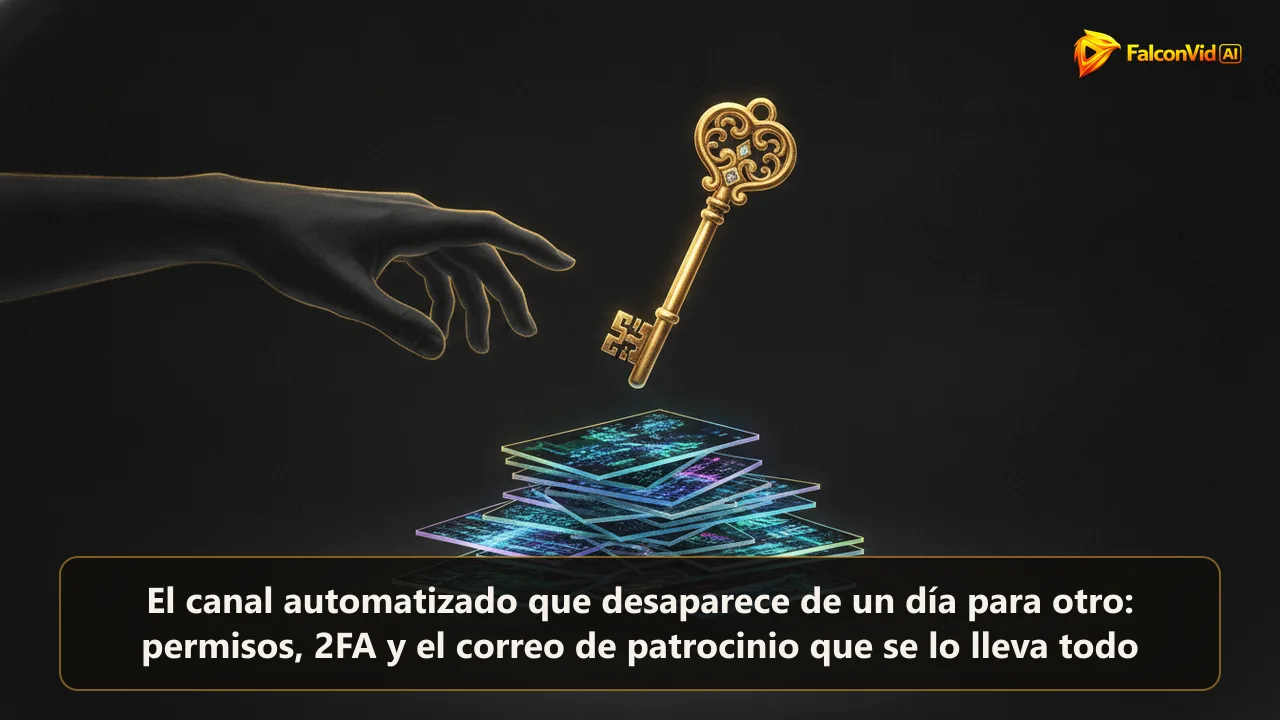 Una llave dorada trabajada flotando sobre una pila de rectángulos de video brillantes, con una segunda mano de sombra estirándose hacia ella desde el borde oscuro.