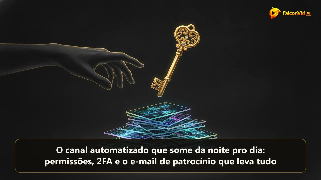 Uma chave dourada trabalhada flutuando sobre uma pilha de retângulos de vídeo brilhantes, com uma segunda mão de sombra se esticando pra alcançá-la vinda da borda escura.