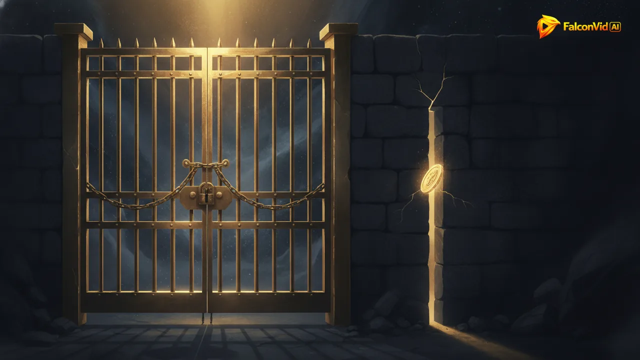 A tall golden gate standing locked and solid while a small glowing token slips through a crack in the wall beside it and glides past untouched.