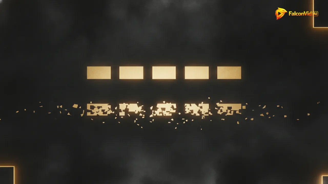 Two parallel bars of light in the dark: the upper one split into five clean regular blocks, the lower one shattered into a dozen dim irregular fragments.