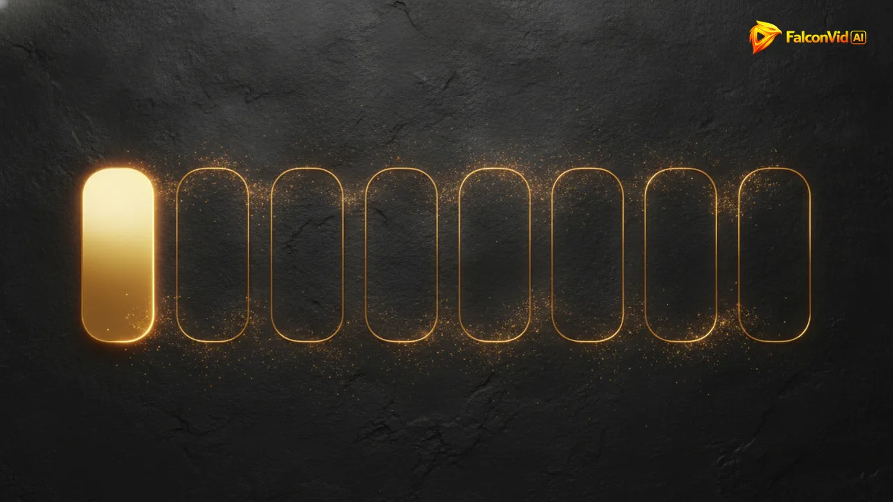Six golden panels in a row, only the first complete and the other five hollow outlines.