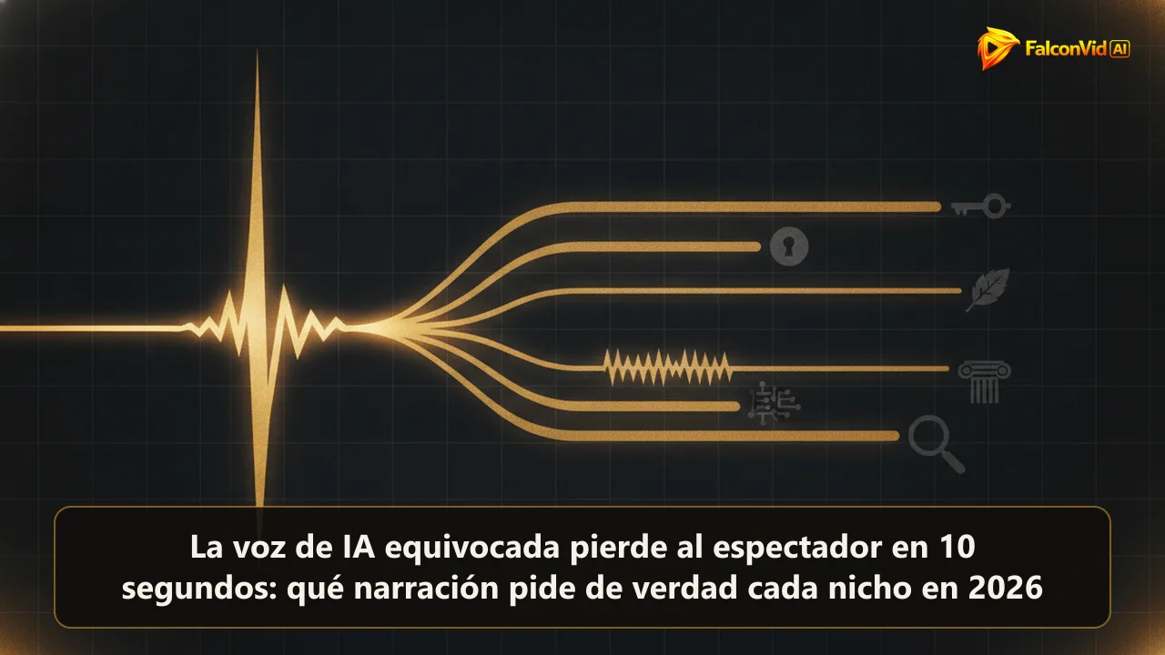 Una onda sonora dorada que se divide en seis cintas de formas distintas, cada una terminando en un símbolo apagado de un nicho de contenido.