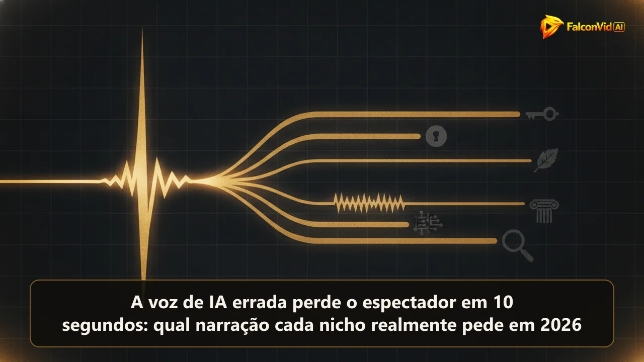 Uma onda sonora dourada se dividindo em seis fitas de formatos diferentes, cada uma terminando num símbolo apagado de um nicho de conteúdo.