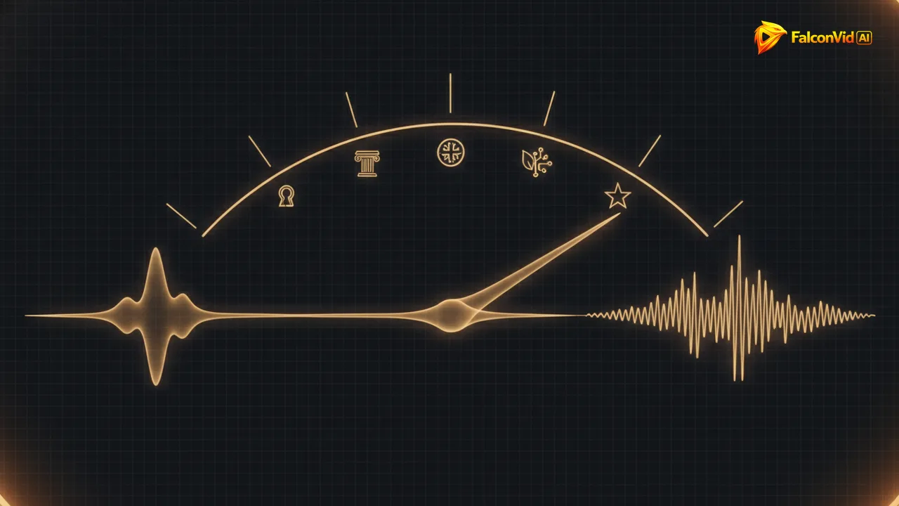 A speed dial made of sound waves sweeping from a slow wide wave to a fast tight wave, with a symbol for each content niche under the arc.