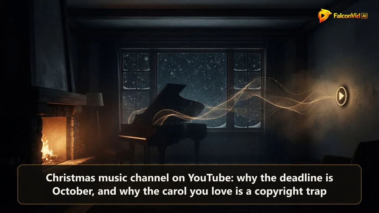 A dark cozy room with snow falling outside the window, a warm fireplace and a piano silhouette sending golden sound waves toward a glowing play button, a Christmas music channel