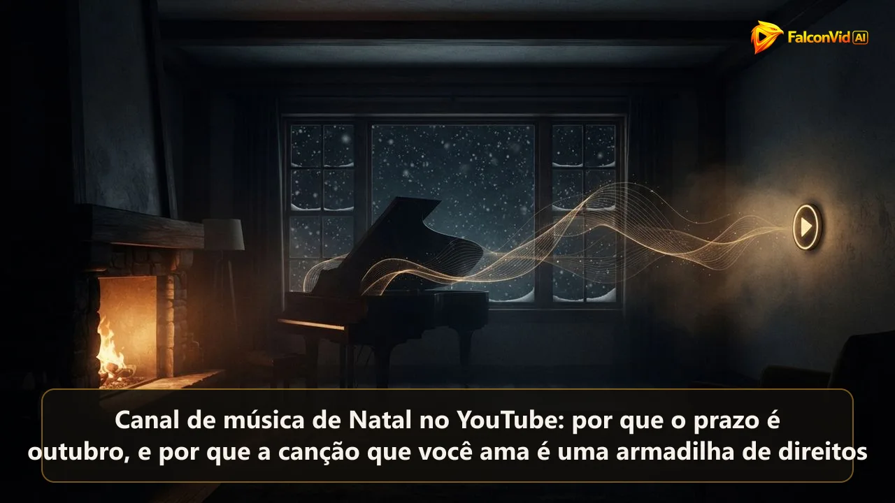 Uma sala escura e aconchegante com neve caindo do lado de fora da janela, uma lareira acesa e a silhueta de um piano enviando ondas sonoras douradas para um botão de play brilhante, um canal de música de Natal