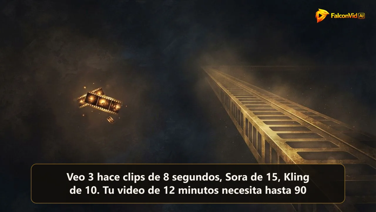 Un único fragmento de clip dorado y brillante flotando frente a una línea de tiempo larga y casi vacía que se pierde en la oscuridad, un clip generado frente a la duración de un video completo de YouTube