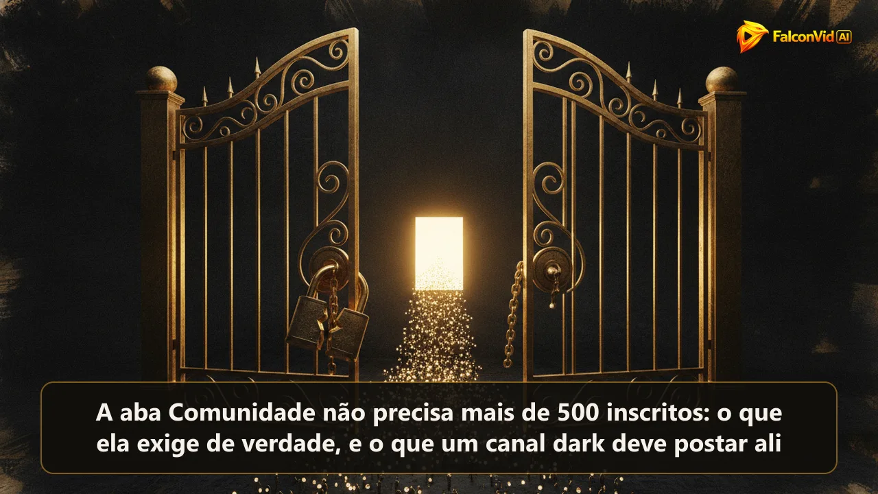 Um portão dourado pesado escancarado com o cadeado quebrado pendurado de lado, pontos de luz pequenos entrando em direção a um painel brilhante.