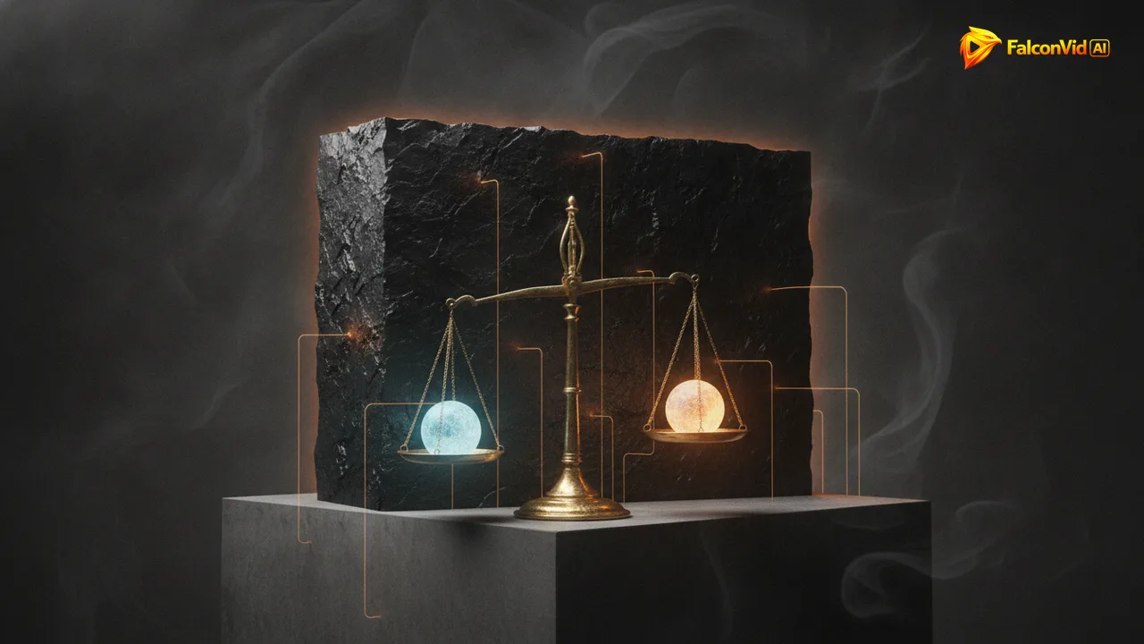 A small delicate golden scale weighing two glowing options, with a huge dark heavy block waiting on a platform behind it, connected by thin beams of light.