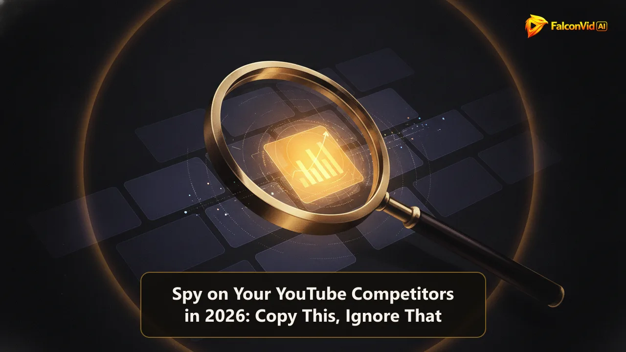 Abstract editorial illustration of a magnifying lens moving over a dim grid of glowing screens, with one screen glowing golden as the standout, on a charcoal background