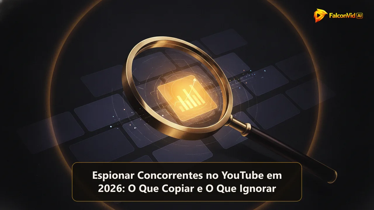 Ilustração editorial abstrata de uma lente de aumento passando sobre uma grade escura de telas brilhantes, com uma tela brilhando em dourado como destaque, sobre fundo carvão