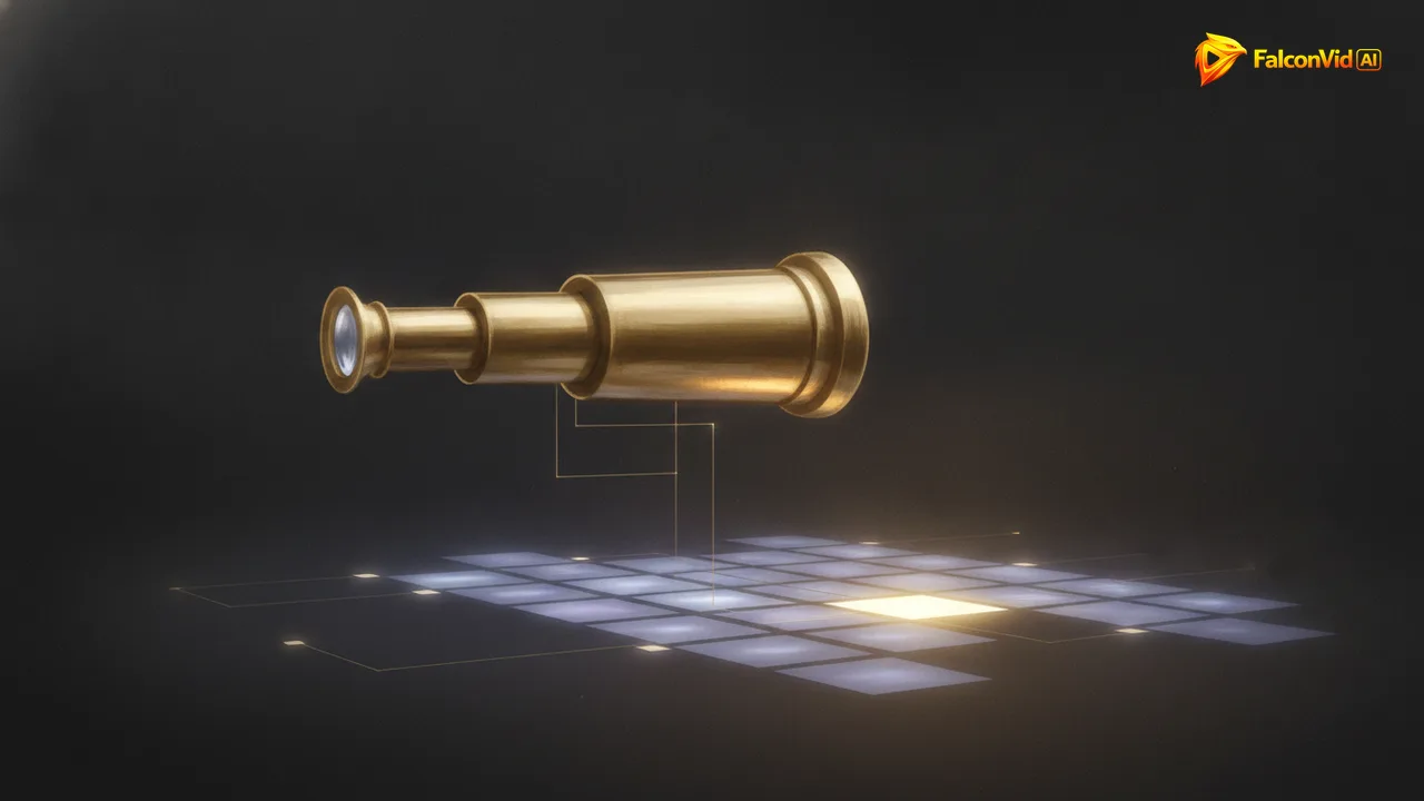A brass spyglass hovering over a dim grid of glowing video rectangles, with one rectangle shining far brighter than the rest as the standout outlier
