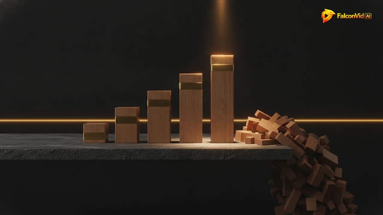 Five neat stacks of wooden blocks bound with brass bands in golden light, with a heap of loose mismatched blocks falling into shadow