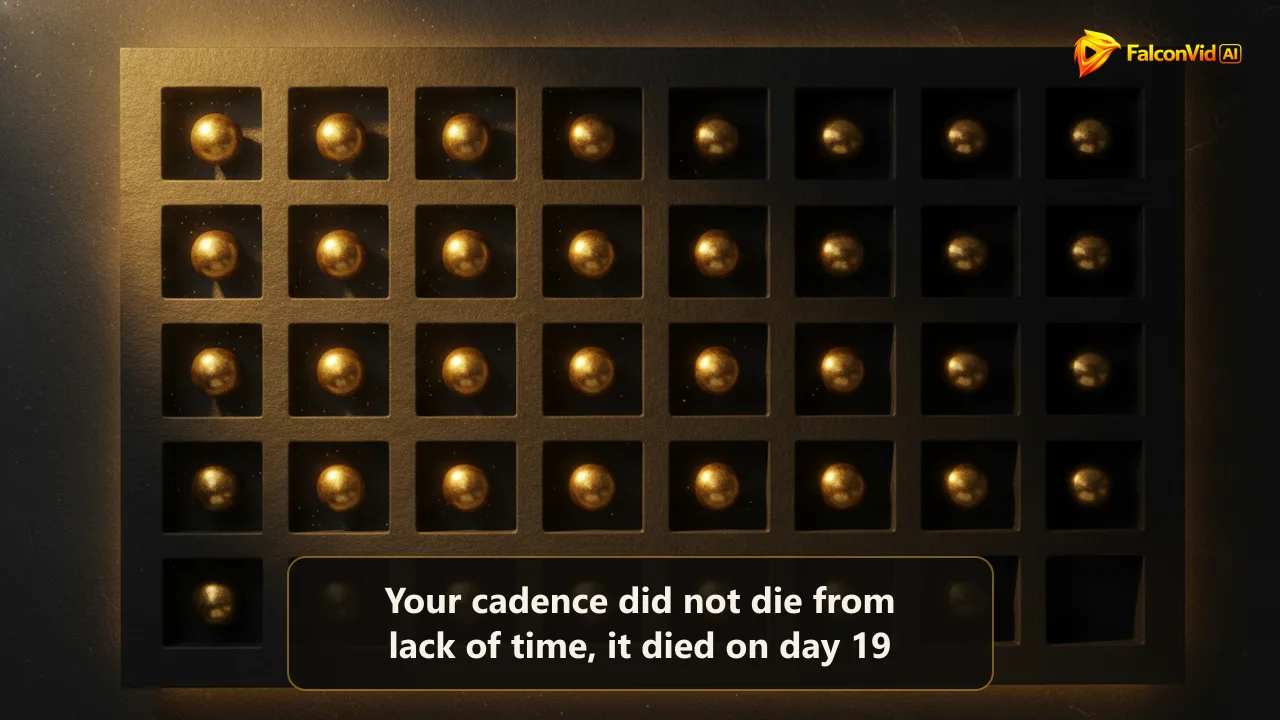 A dark slate grid of thirty niches holding polished brass spheres in golden light, with the last three niches empty in shadow