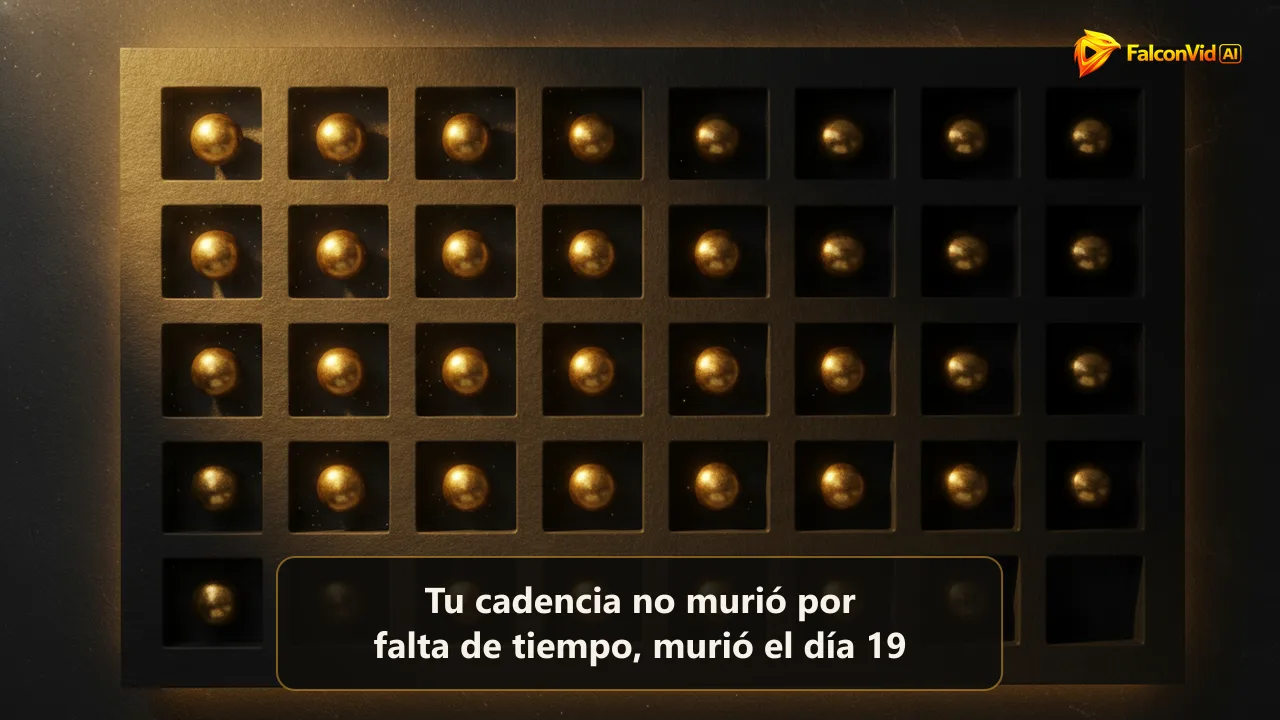 Rejilla oscura de pizarra con treinta nichos y esferas de latón pulido bajo luz dorada, con los tres últimos nichos vacíos en la sombra