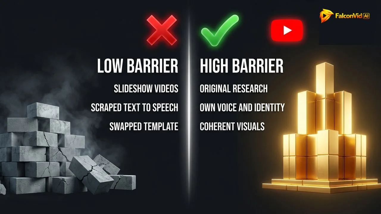 Comparison between low barrier of entry content and high barrier of entry content, with the examples on each side.