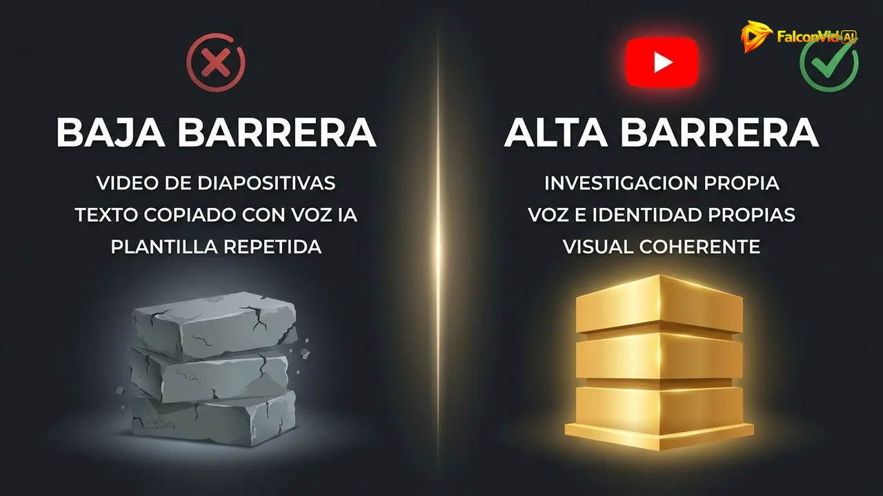 Comparación entre contenido de baja barrera de entrada y contenido de alta barrera de entrada, con los ejemplos de cada lado.