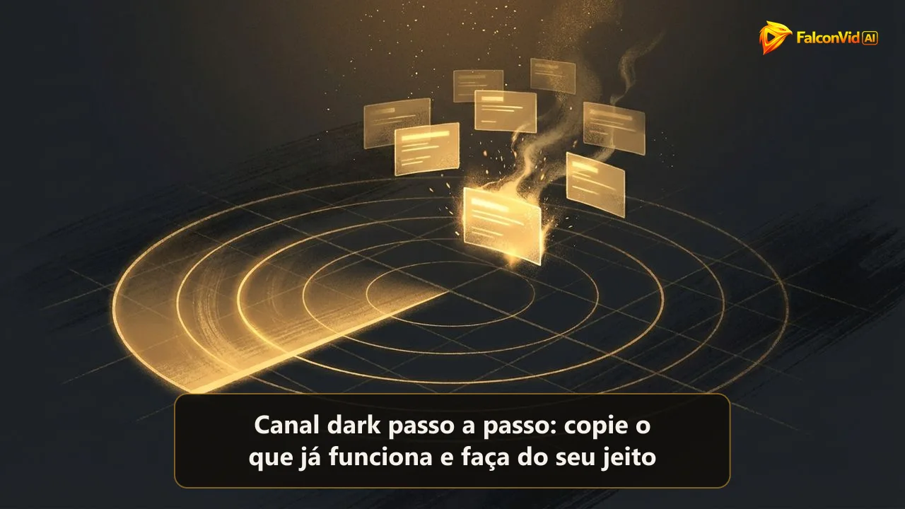 Um radar dourado varrendo uma grade escura e revelando cards de canais flutuando, um deles muito mais aceso que os outros.