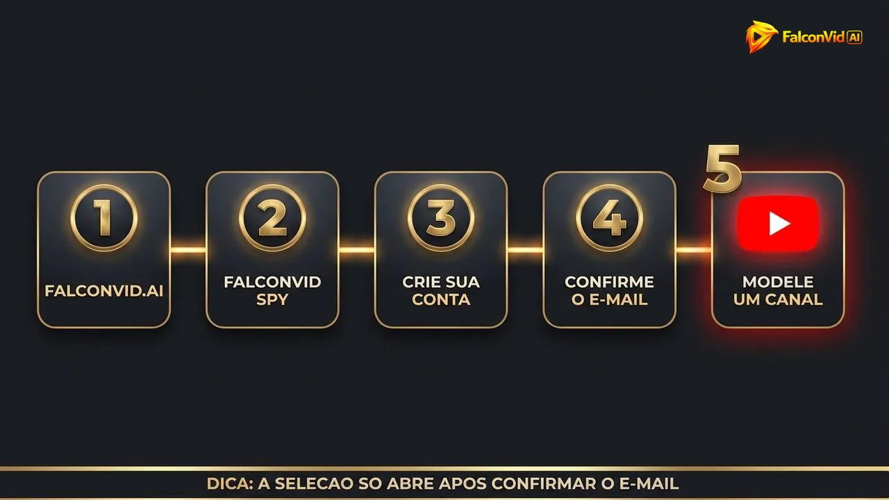 Diagrama de cinco passos, de entrar no site até modelar um canal dentro da ferramenta.