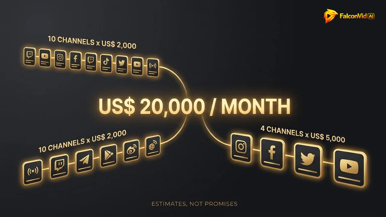 Diagram showing two routes to twenty thousand dollars a month: ten channels at two thousand dollars or four channels at five thousand dollars.