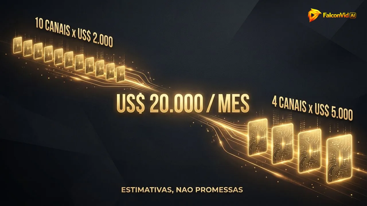 Diagrama com dois caminhos até vinte mil dólares por mês: dez canais de dois mil dólares ou quatro canais de cinco mil dólares.