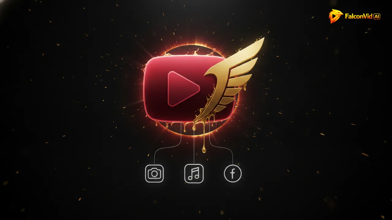 A glowing emblem fusing a red play button with a golden falcon wing, with three small simple social platform glyphs floating below it on a dark background.