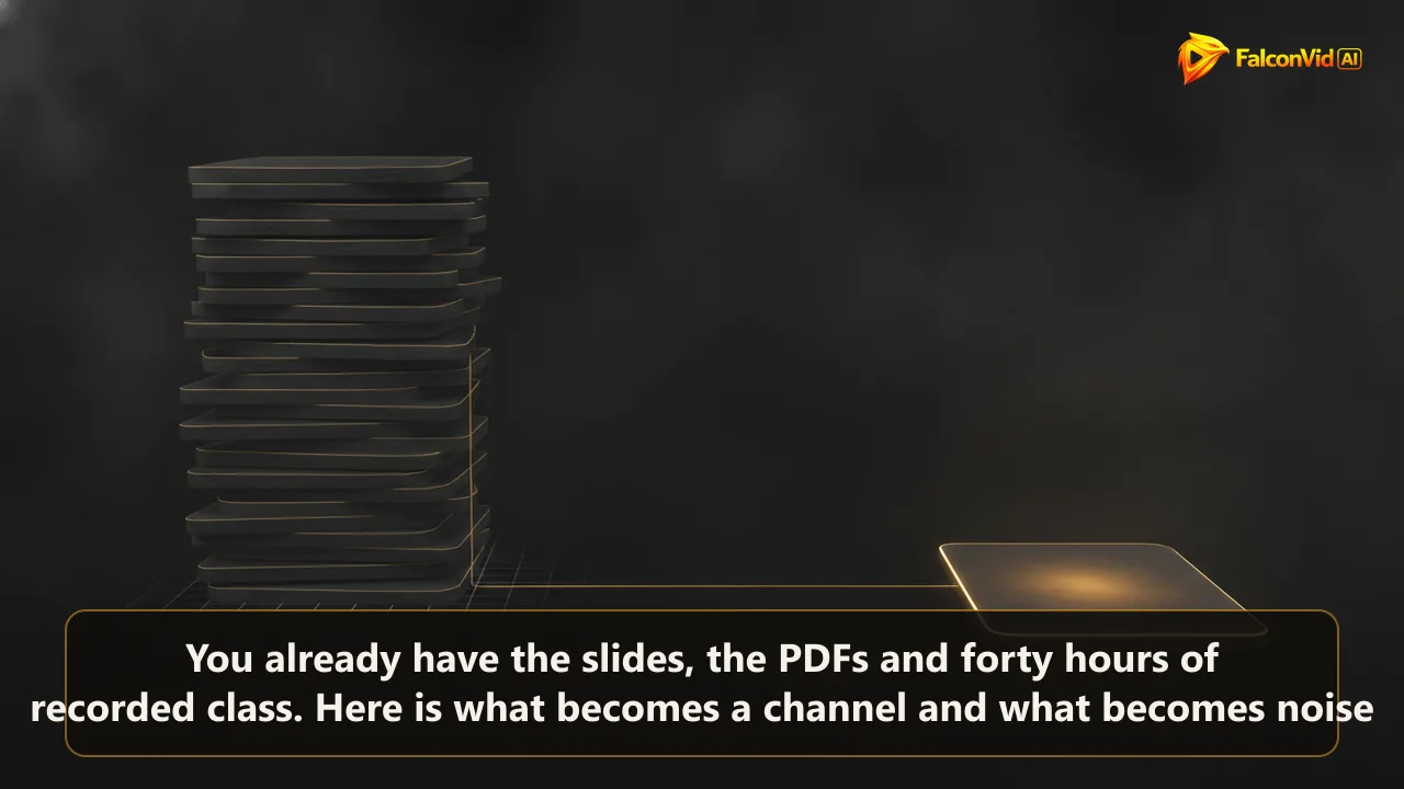 Illustration of a stack of flat rectangles feeding a thin golden line into one lit panel
