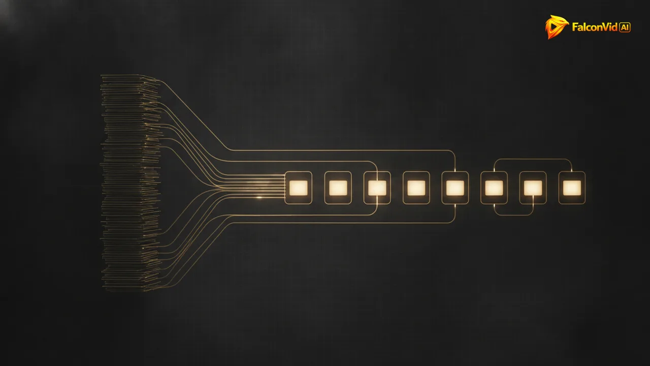 Illustration of one tall stack of layers fanning into a row of separate lit panels