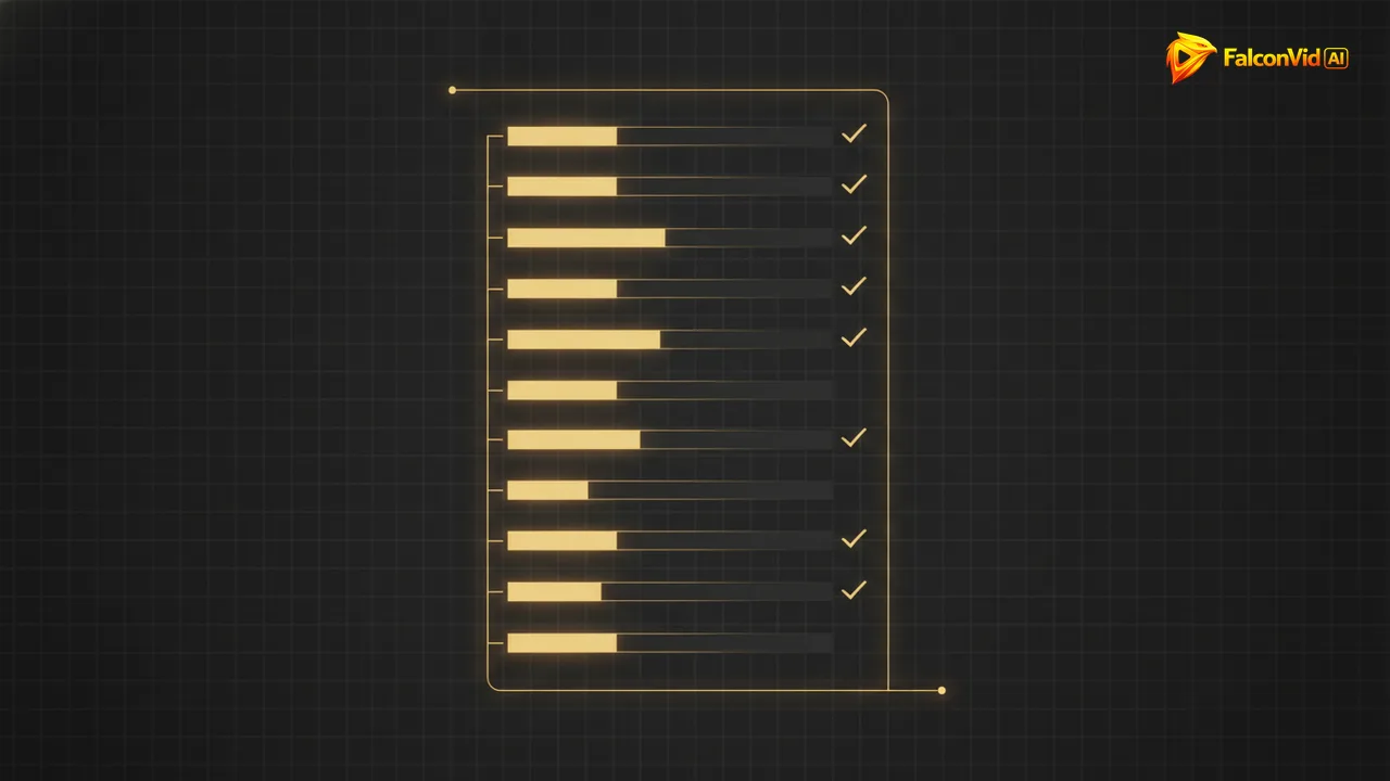An abstract checklist of eleven bars on a dark grid with only four glowing gold and marked as done.