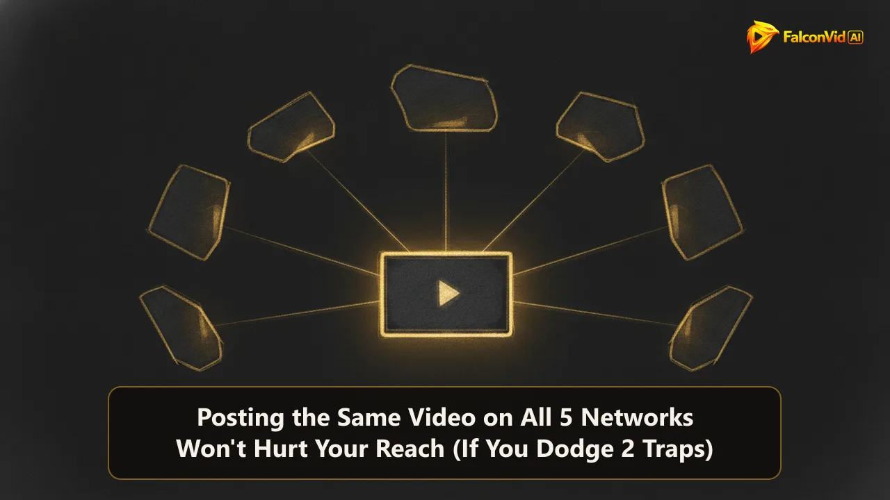 Abstract golden illustration of one glowing video screen sending five light beams out to five floating panels on a dark charcoal background