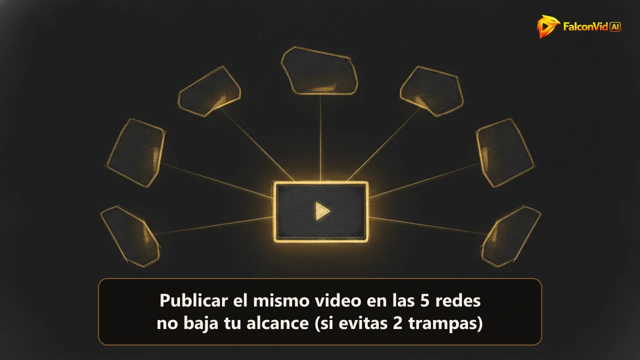 Ilustración dorada abstracta de una pantalla de video brillante que envía cinco haces de luz hacia cinco paneles flotantes sobre fondo carbón oscuro