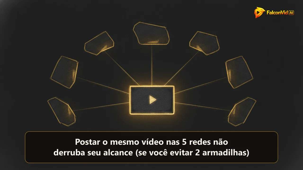 Ilustração dourada abstrata de uma tela de vídeo brilhante enviando cinco feixes de luz para cinco painéis flutuantes sobre fundo carvão escuro