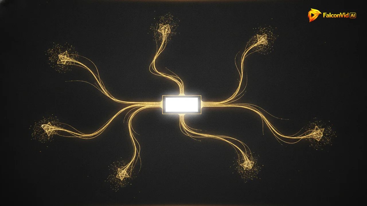 One central glowing video rectangle splitting into five golden light streams that fan out to five abstract nodes on a charcoal background