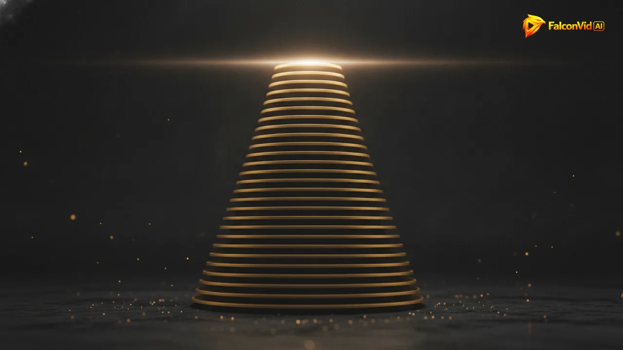 A tall stack of thin golden plates piled one per day, each slightly wider than the one below, rising toward a faint band of light.