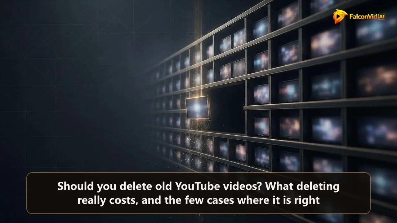 A dark shelf of glowing video tiles with one being lifted out by a golden beam, leaving an empty gap, deleting an old YouTube video