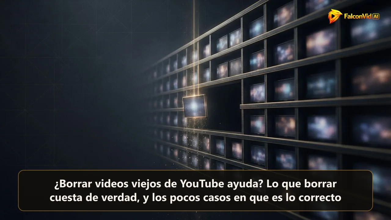 Un estante oscuro de cuadros de video brillantes con uno siendo retirado por un haz dorado, dejando un hueco vacío, borrar un video viejo de YouTube