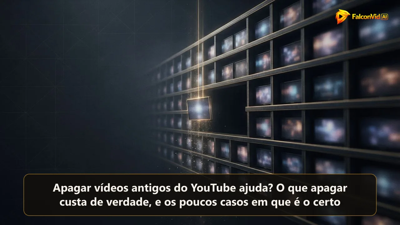 Uma prateleira escura de quadros de vídeo brilhantes com um sendo retirado por um feixe dourado, deixando um vão vazio, apagar um vídeo antigo do YouTube