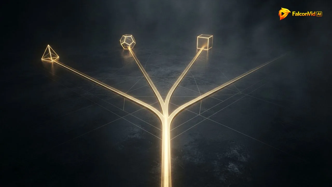 A golden path splitting into four branches on a dark plane, the four decisions for an old video: fix, keep, hide or delete