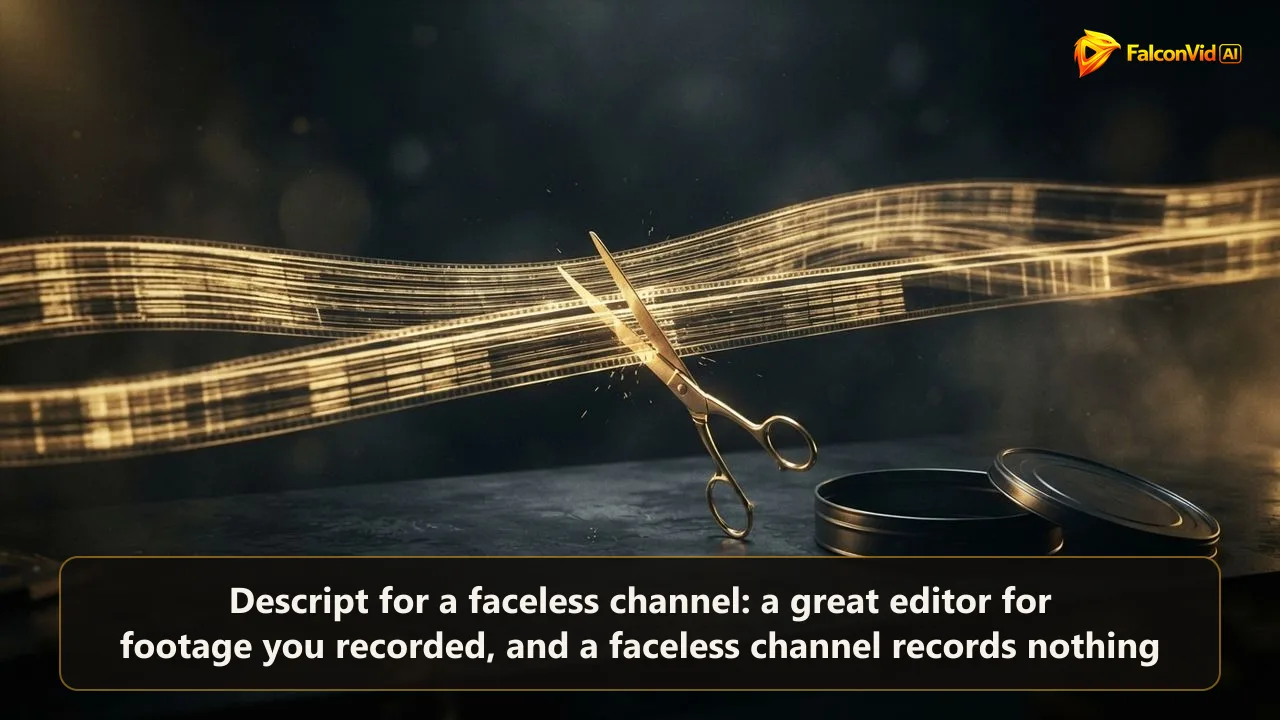 A glowing golden editing timeline made of strips like lines of text, cut by golden scissors next to an empty film canister