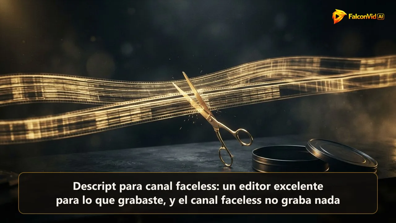 Una línea de tiempo de edición dorada hecha de franjas como líneas de texto, cortada por unas tijeras doradas junto a una lata de película vacía