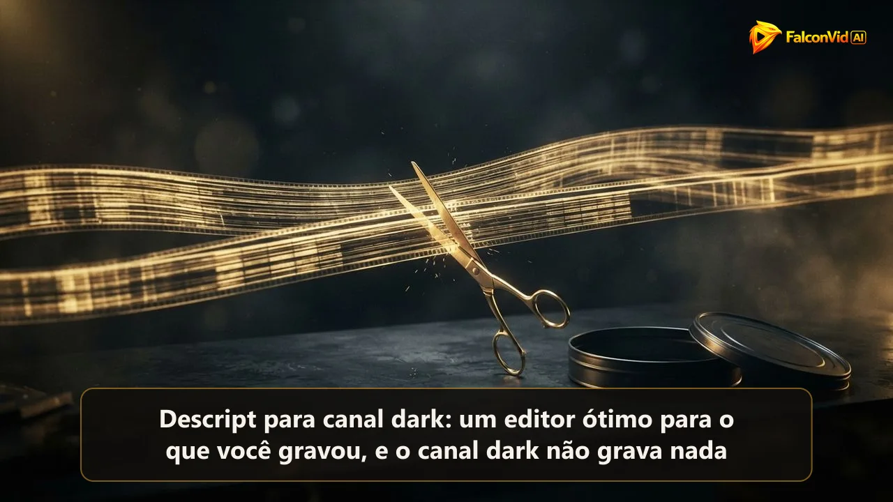 Uma linha do tempo de edição dourada feita de faixas como linhas de texto, cortada por uma tesoura dourada ao lado de uma lata de filme vazia