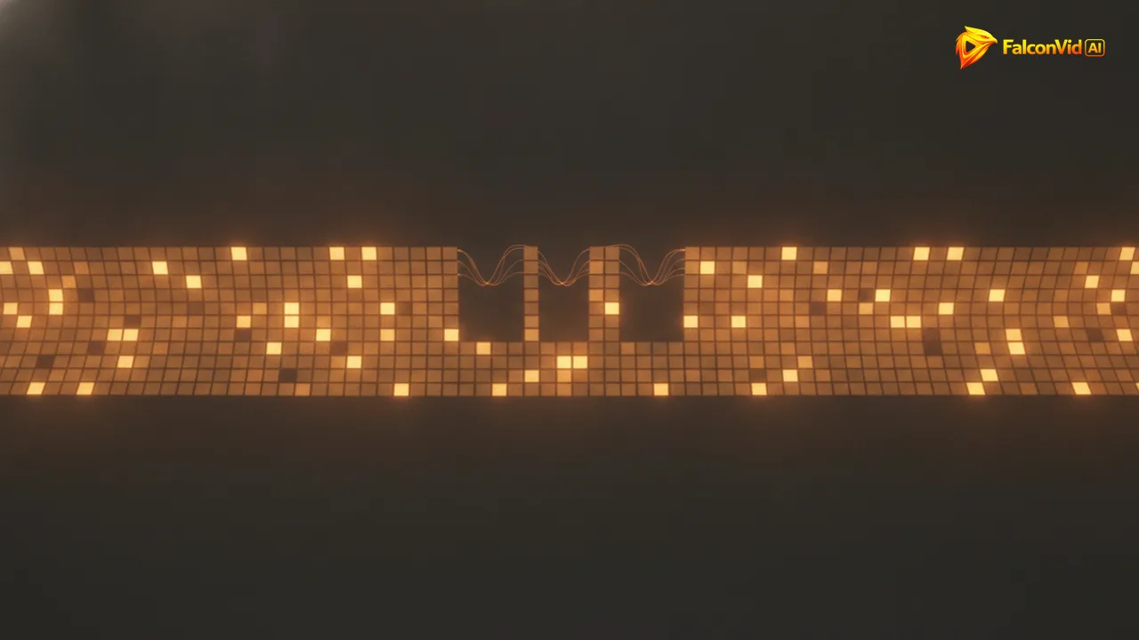 Uma fita longa feita de dezenas de pequenos ladrilhos luminosos com três buracos vazios, representando os 90 clipes de um vídeo de 12 minutos e os que falham