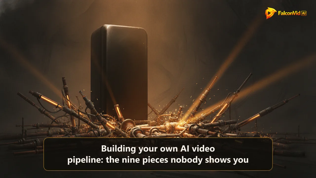 A hand assembled tangle of glowing pipes leaking sparks in front of a single sealed machine, representing a DIY AI video pipeline next to a finished one