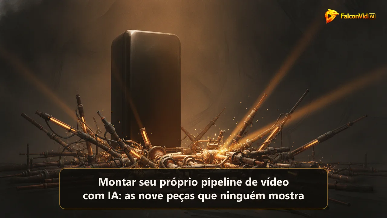 Um emaranhado de canos luminosos montado à mão soltando faíscas na frente de uma máquina fechada, representando um pipeline de vídeo com IA feito à mão ao lado de um pronto