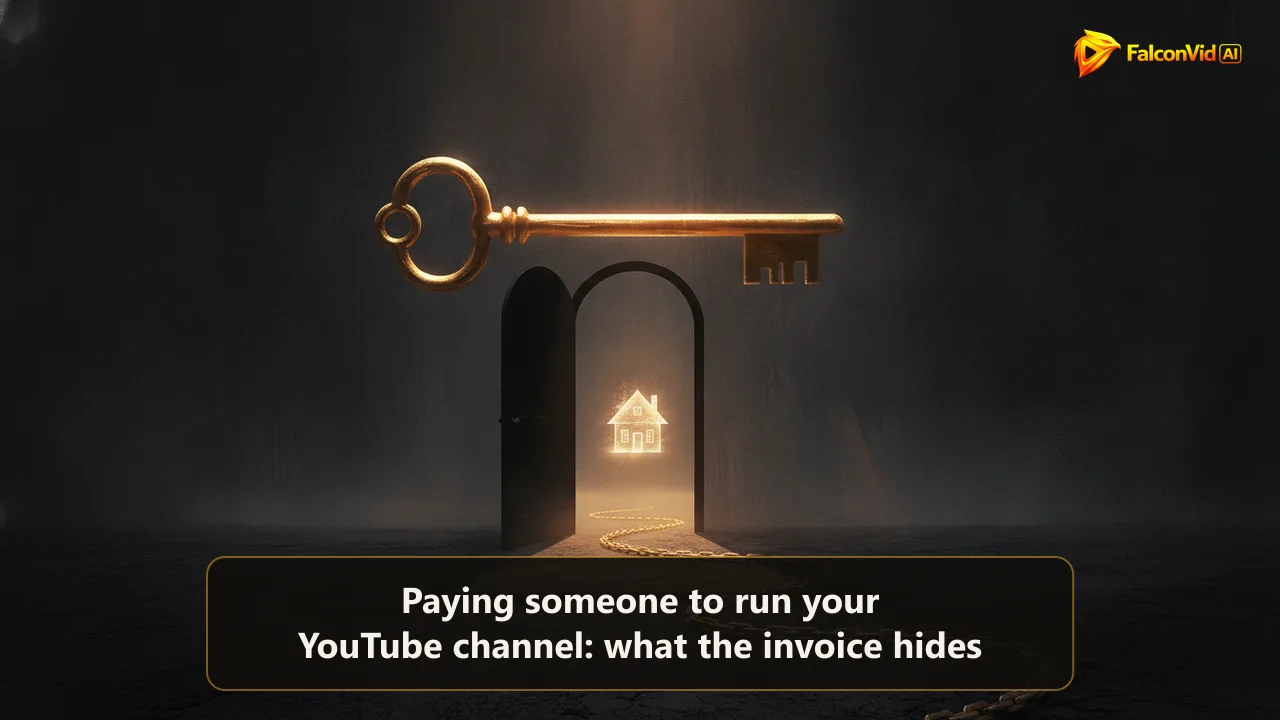 A golden key above a dark doorway casting a shadow shaped like a chain, representing the ownership question behind a done for you YouTube channel